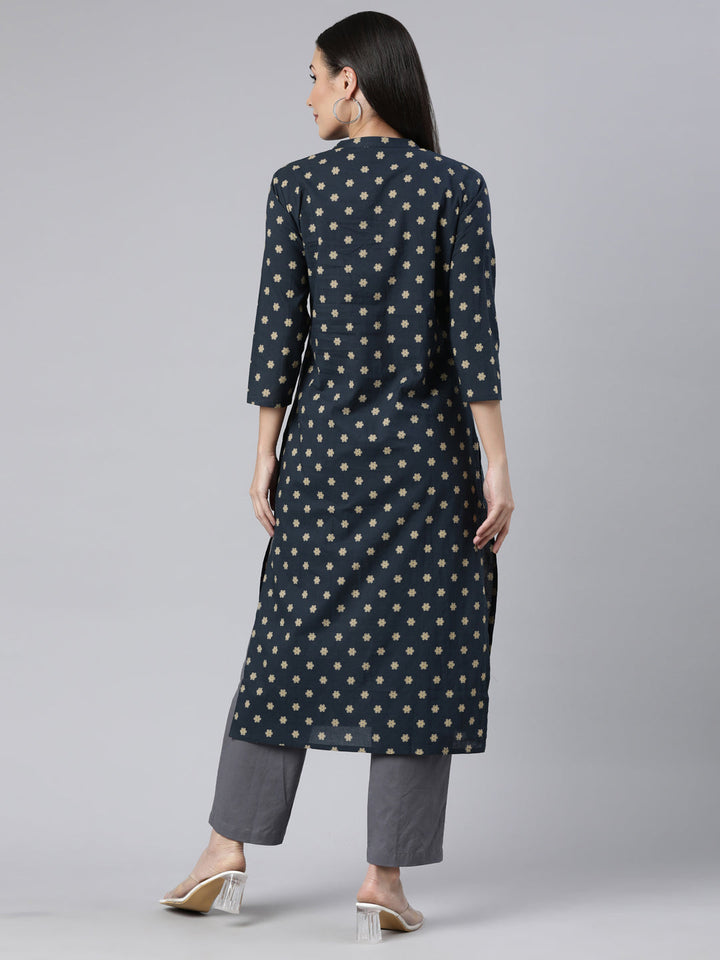 Neerus Yellow cotton printed floral straight kurti - side view