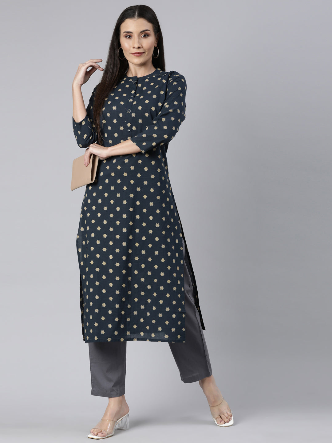 Neerus Yellow cotton printed floral straight kurti - detail view 1