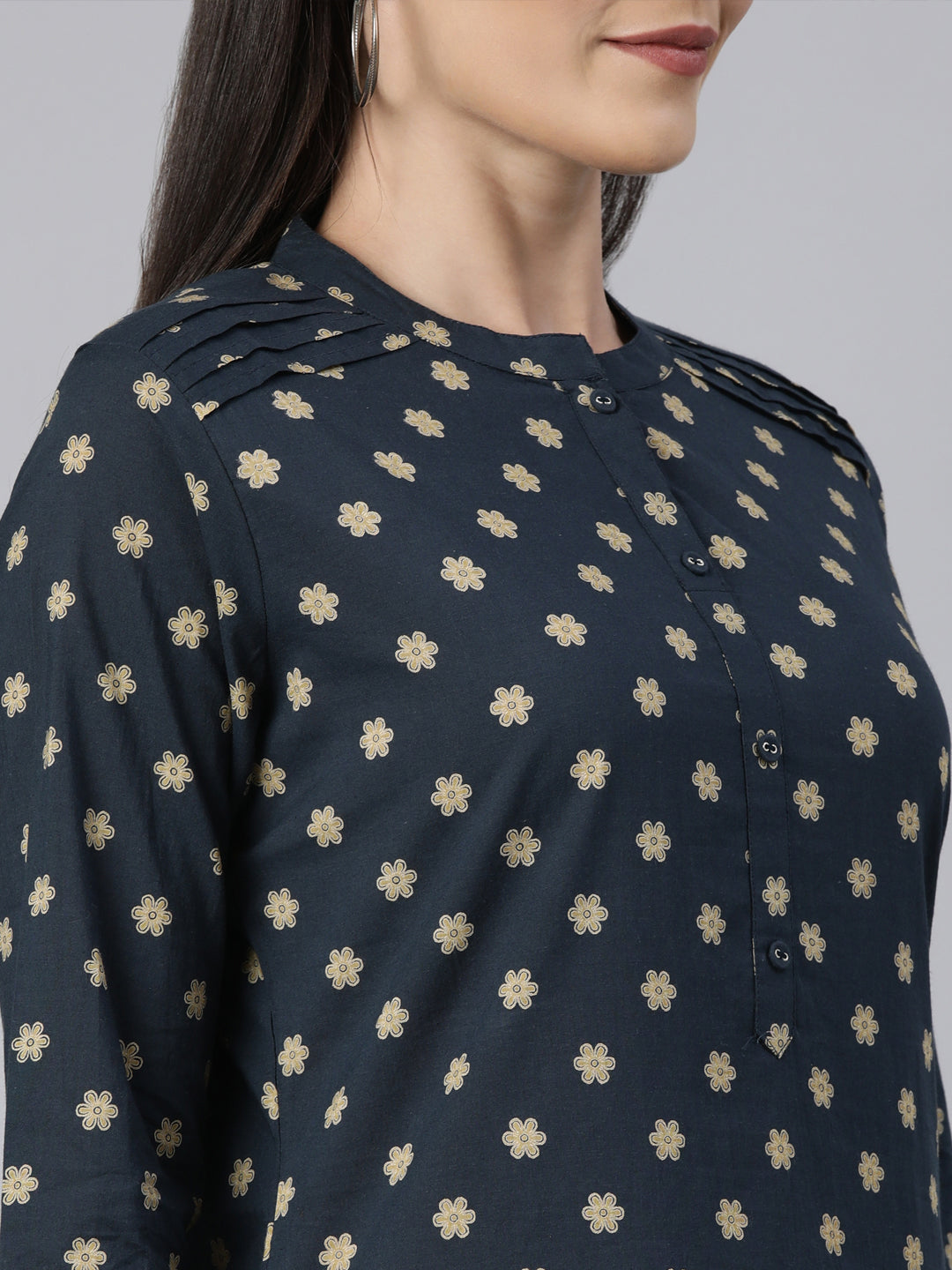 Neerus Yellow cotton printed floral straight kurti - detail view 2