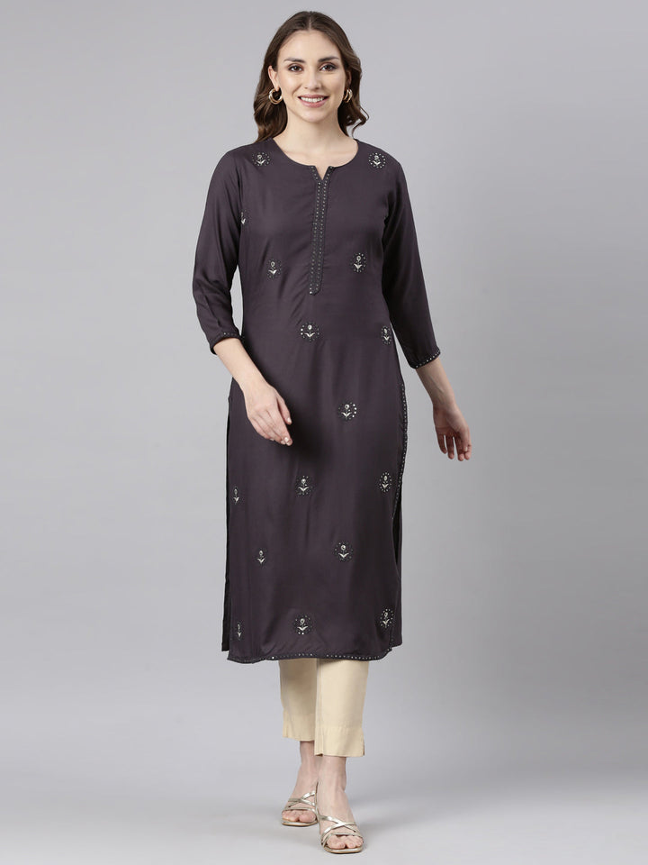 Neerus Grey printed floral straight kurti - front view
