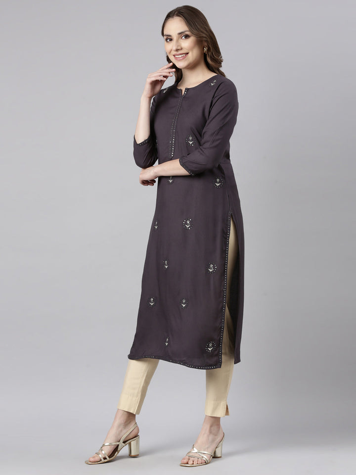 Neerus Grey printed floral straight kurti - back view