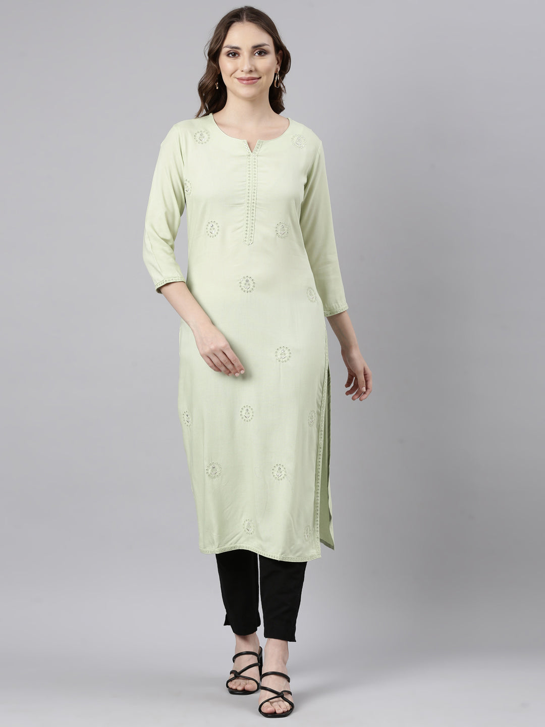 Neerus Green cotton printed straight kurti - front view