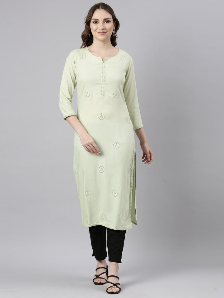 Neerus Green cotton printed straight kurti - front view