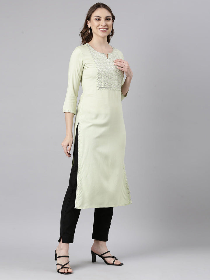 Neerus Green cotton printed straight kurti - back view