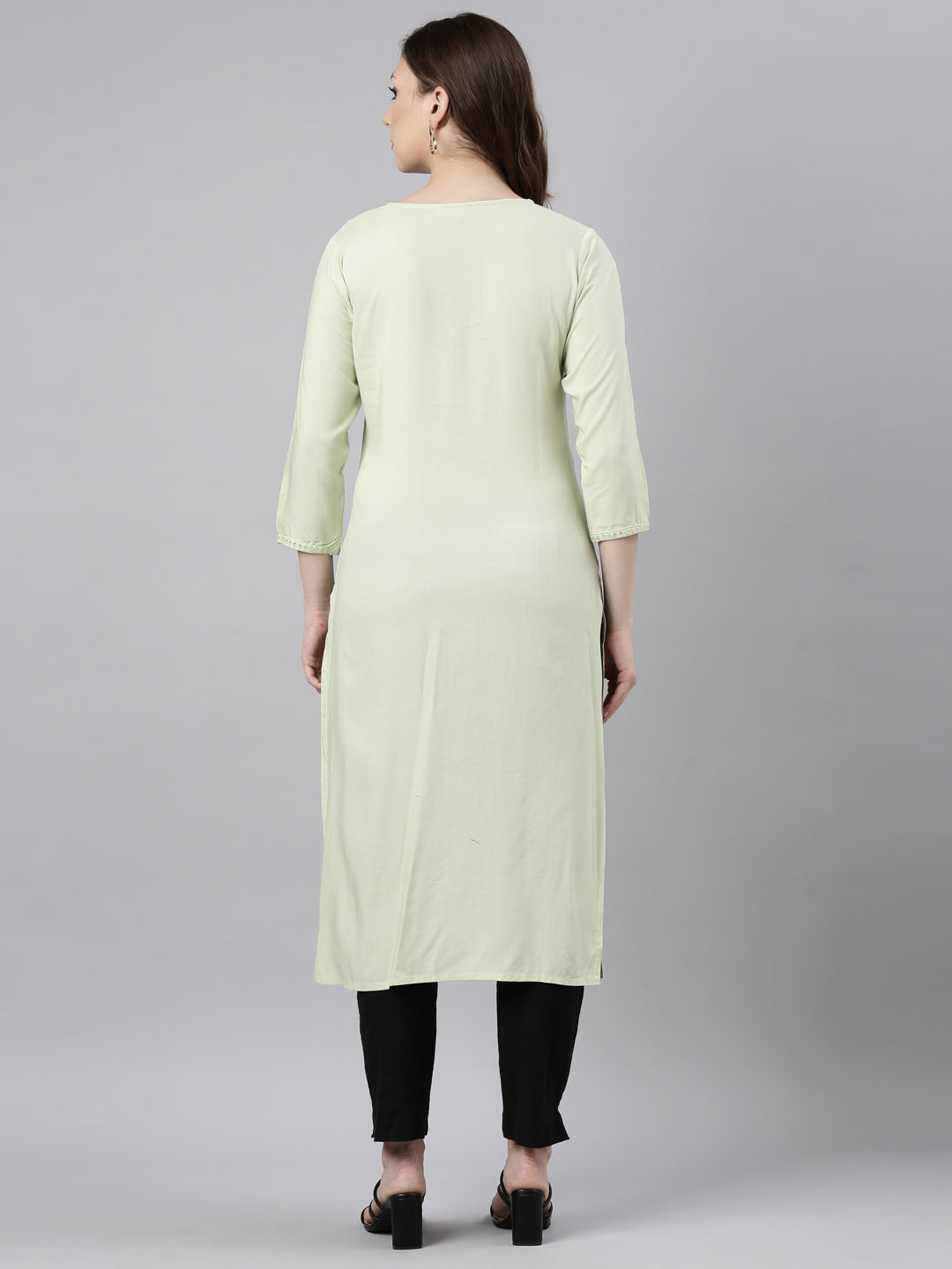 Neerus Green cotton printed straight kurti - side view