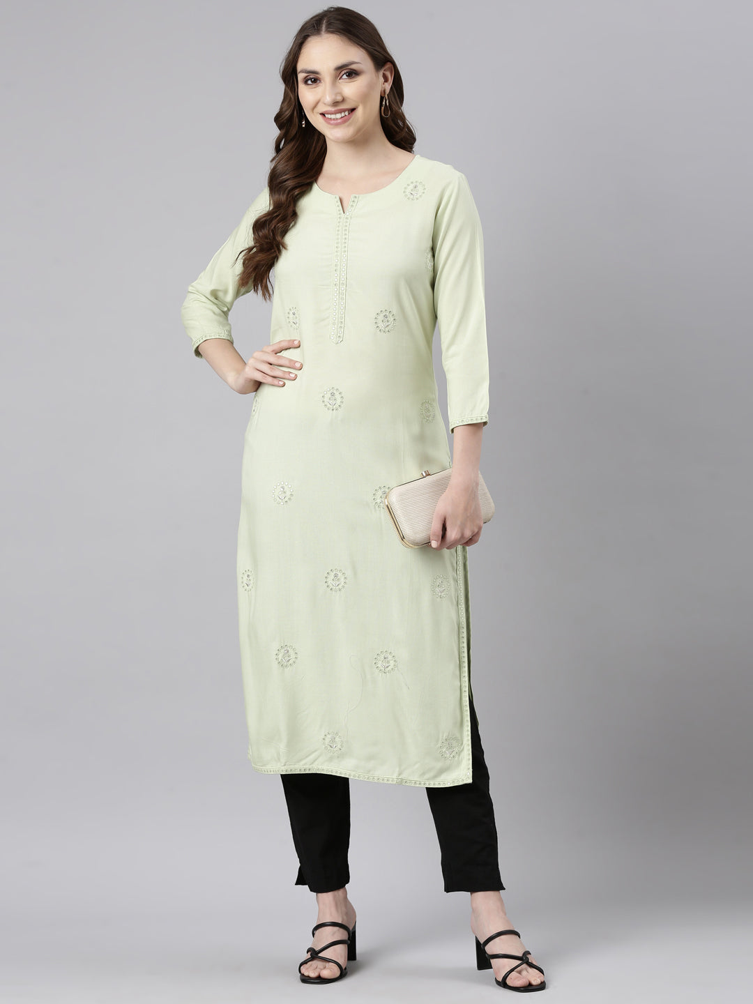 Neerus Green cotton printed straight kurti - detail view 2