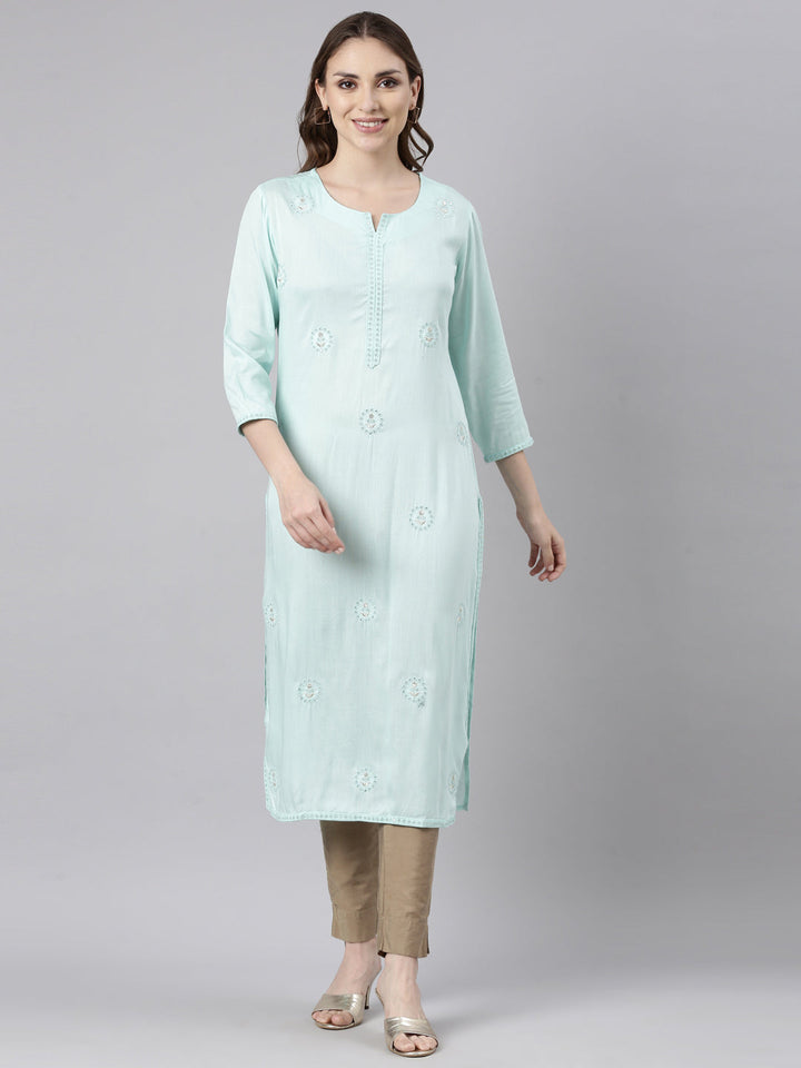 Neerus Green viscose rayon printed kurti - front view