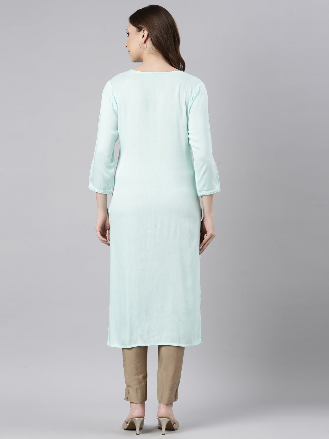 Neerus Green viscose rayon printed kurti - side view