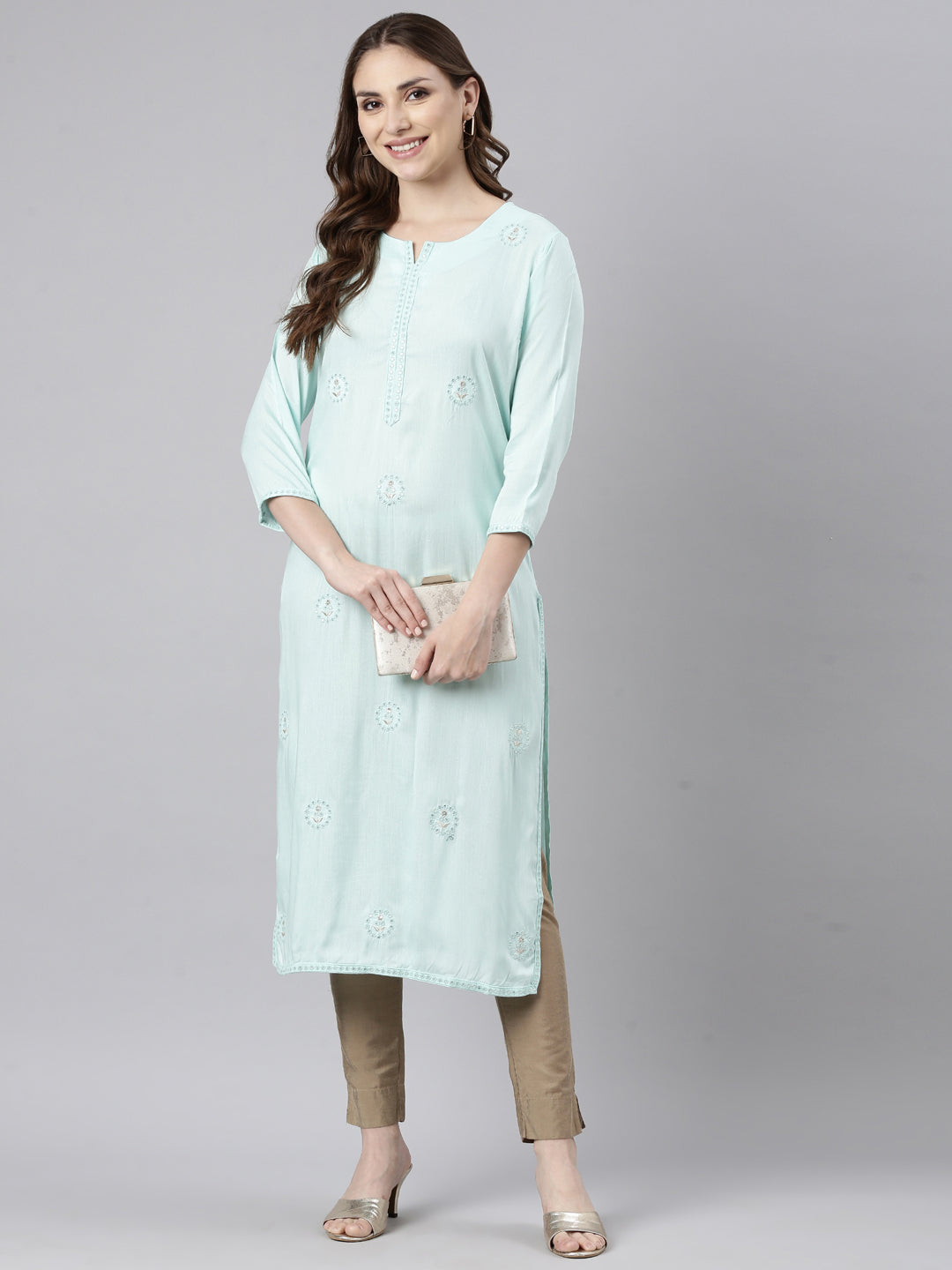 Neerus Green viscose rayon printed kurti - detail view 1