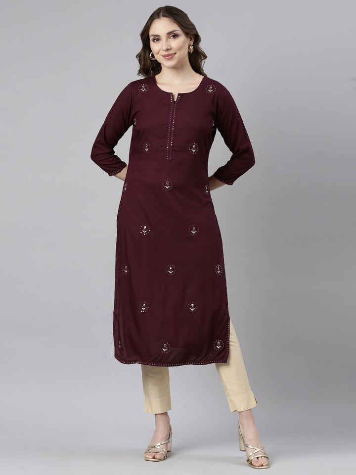 Neerus Purple floral printed straight kurti - front view