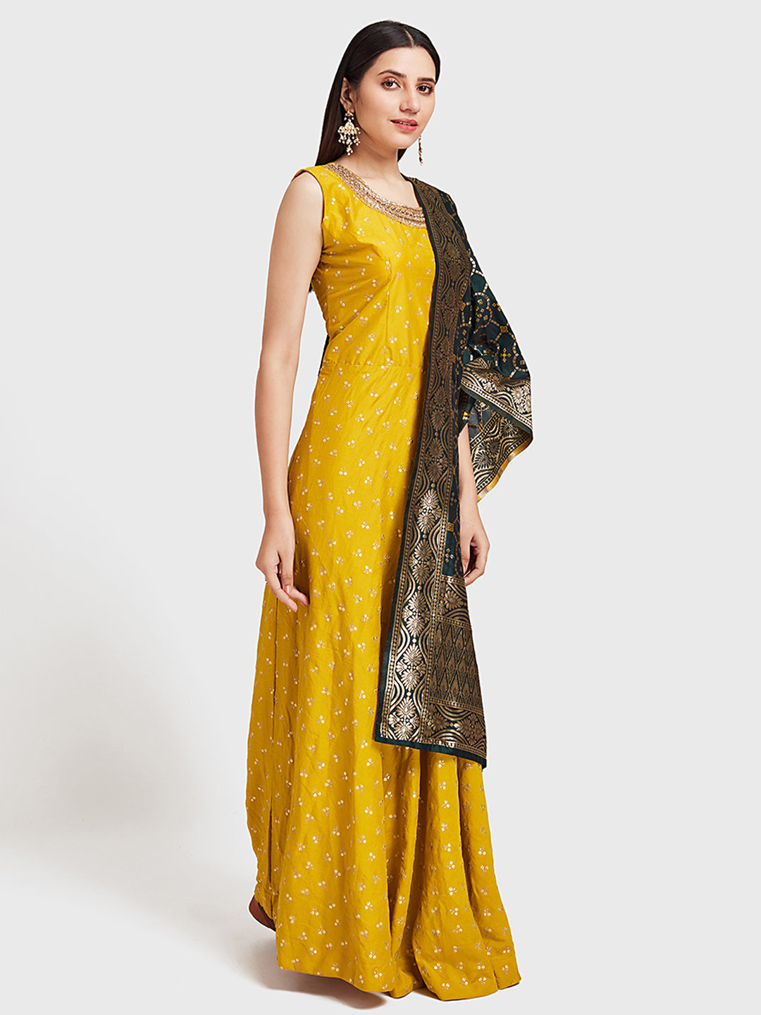 Neerus Yellow embellished anarkali kurta with dupatta - front view