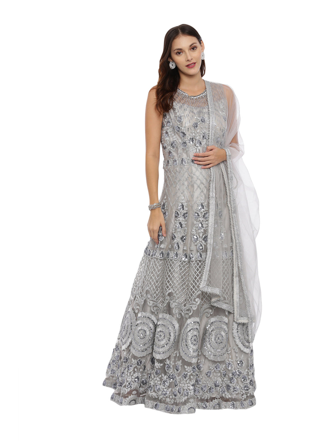 Neerus Grey embellished anarkali kurta with dupatta - front view