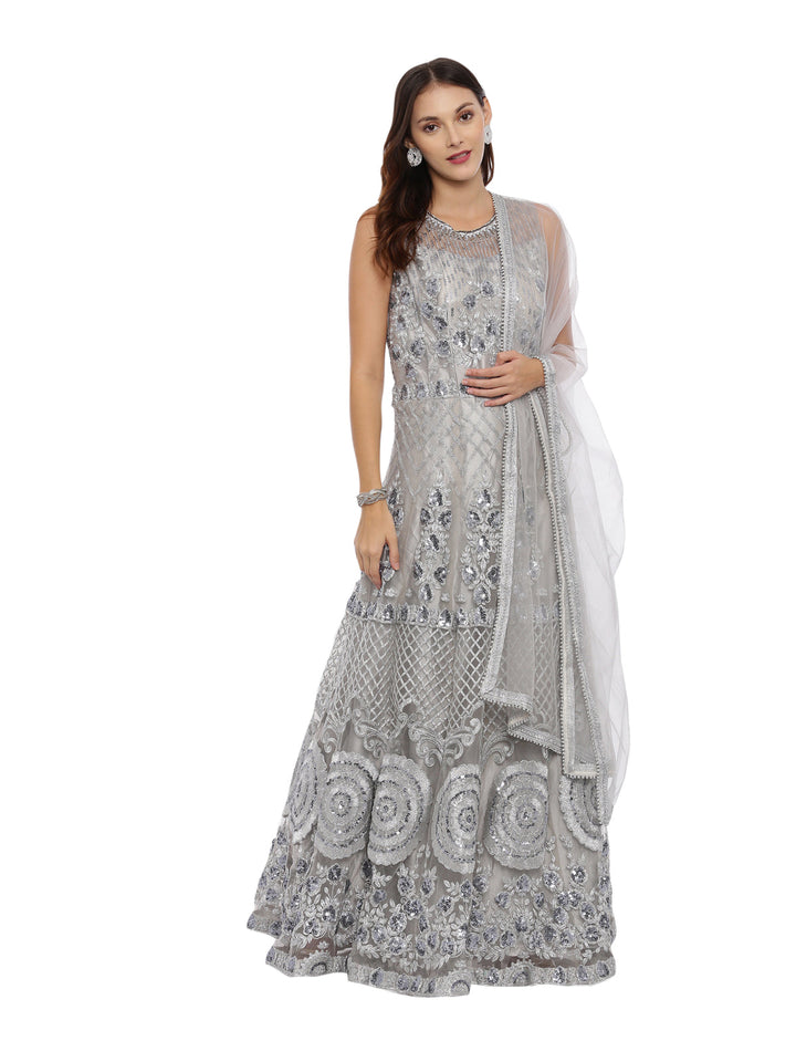 Neerus Grey embellished anarkali kurta with dupatta - front view