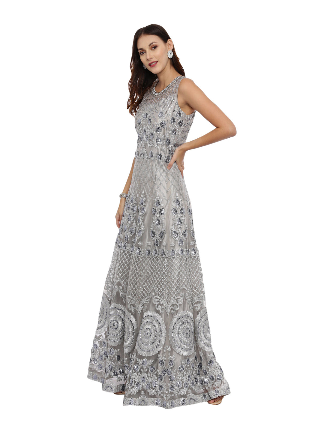Neerus Grey embellished anarkali kurta with dupatta - detail view 2