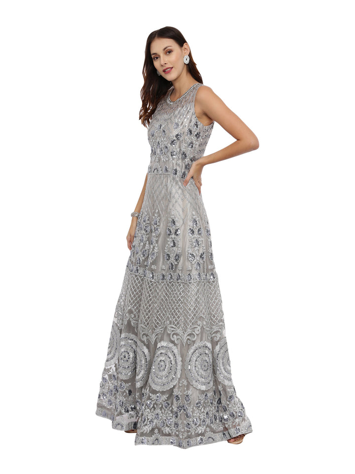 Neerus Grey embellished anarkali kurta with dupatta - detail view 2