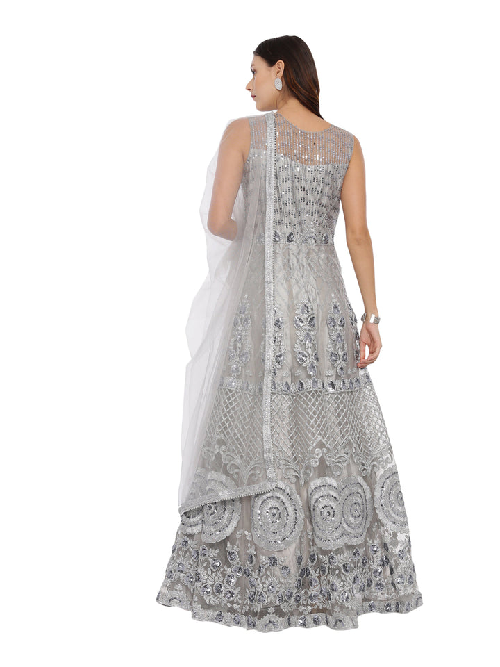 Neerus Grey embellished anarkali kurta with dupatta - side view