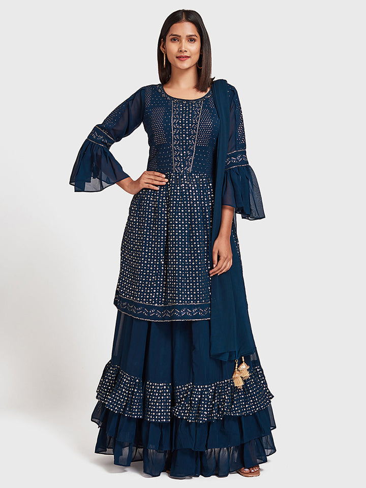 Neerus Blue embellished kurta set with skirt and dupatta - front view