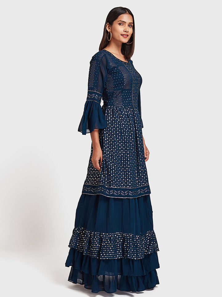 Neerus Blue embellished kurta set with skirt and dupatta - back view