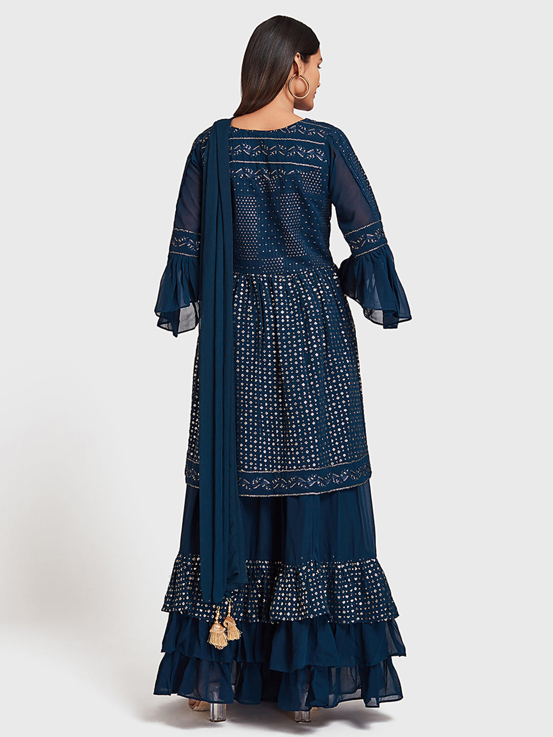 Neerus Blue embellished kurta set with skirt and dupatta - side view