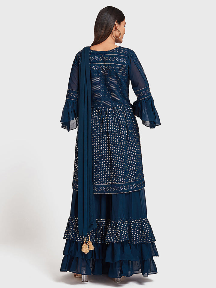 Neerus Blue embellished kurta set with skirt and dupatta - side view