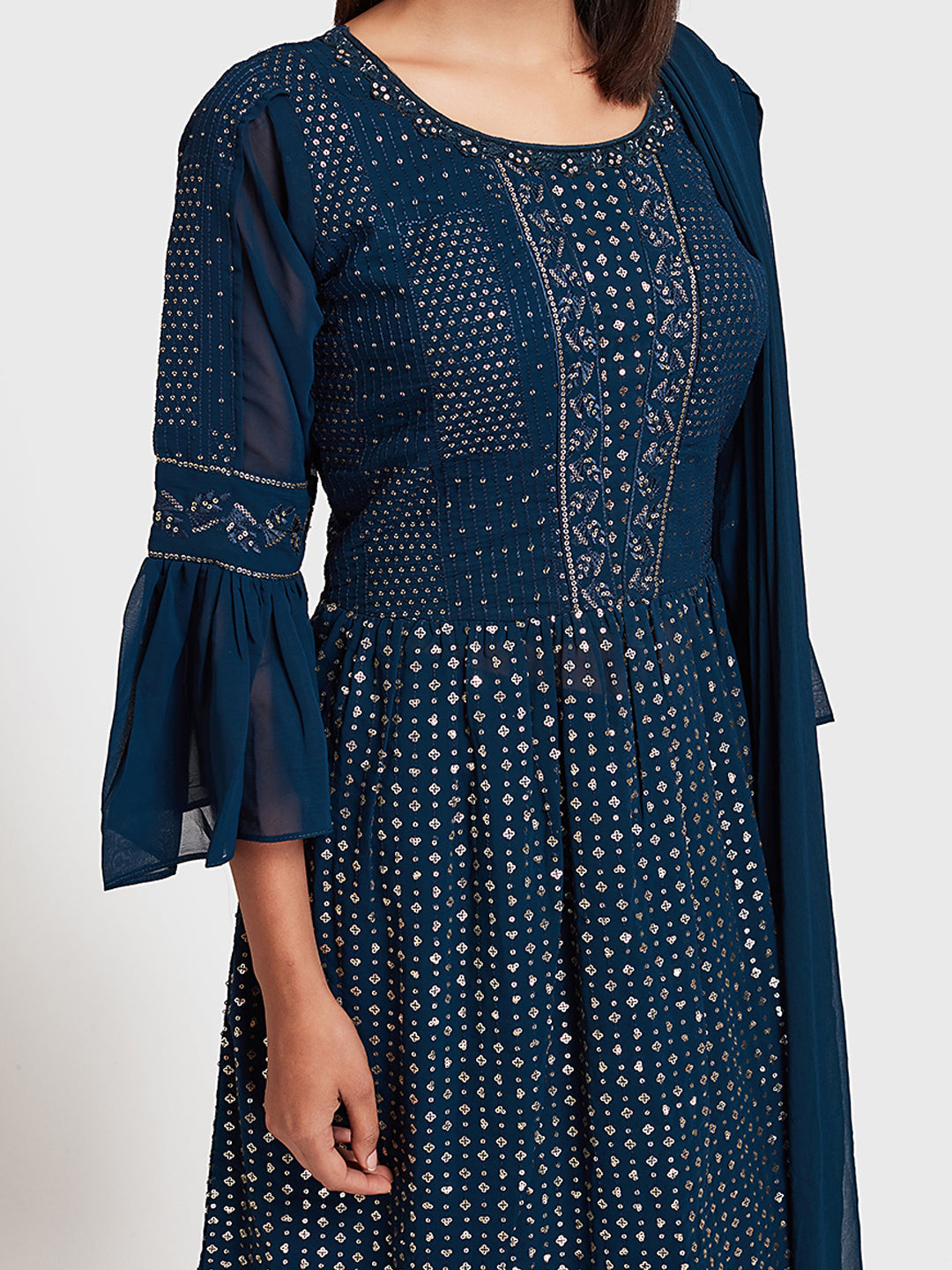 Neerus Blue embellished kurta set with skirt and dupatta - detail view 1