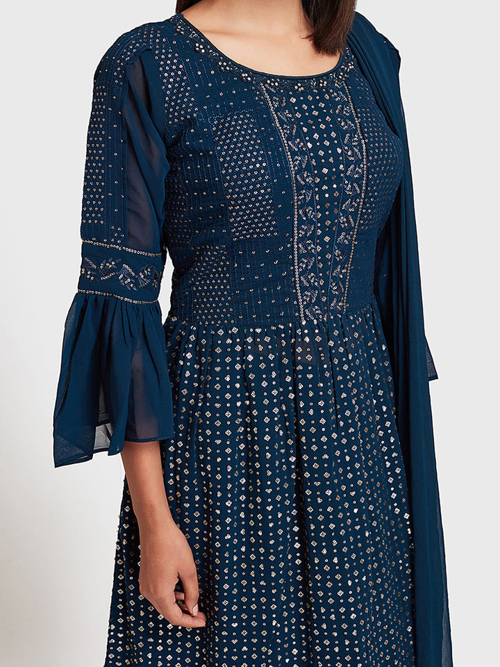 Neerus Blue embellished kurta set with skirt and dupatta - detail view 1