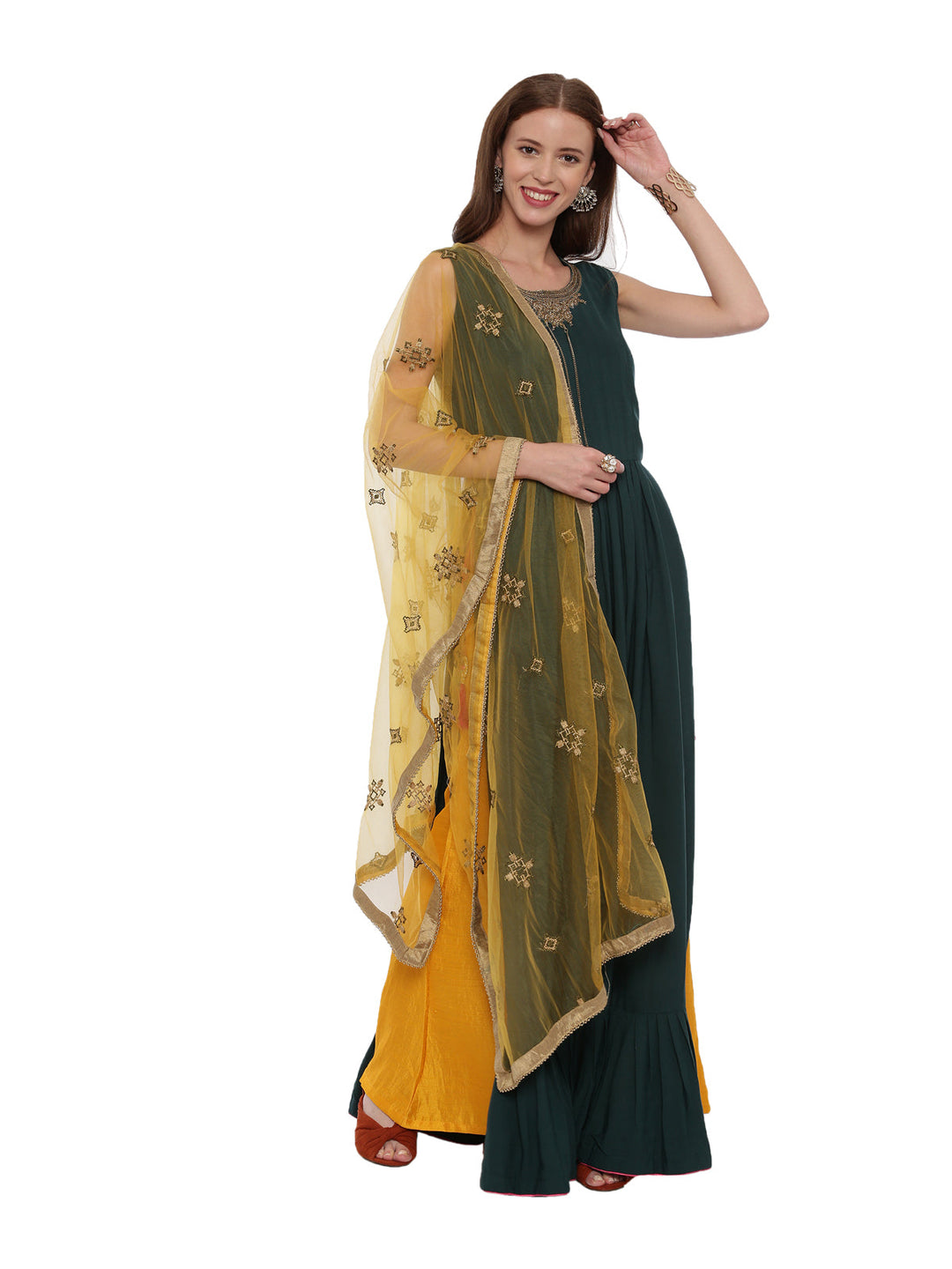 Neerus Green silk solid suit set - front view