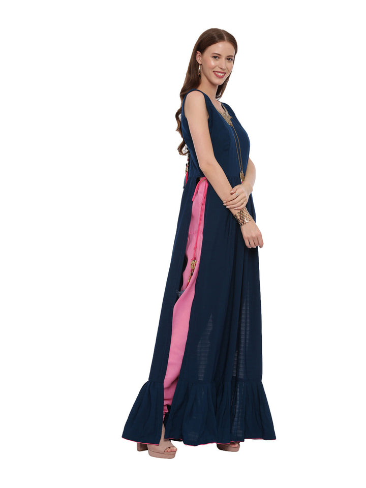 Neerus Blue silk straight gown suit pant - side view