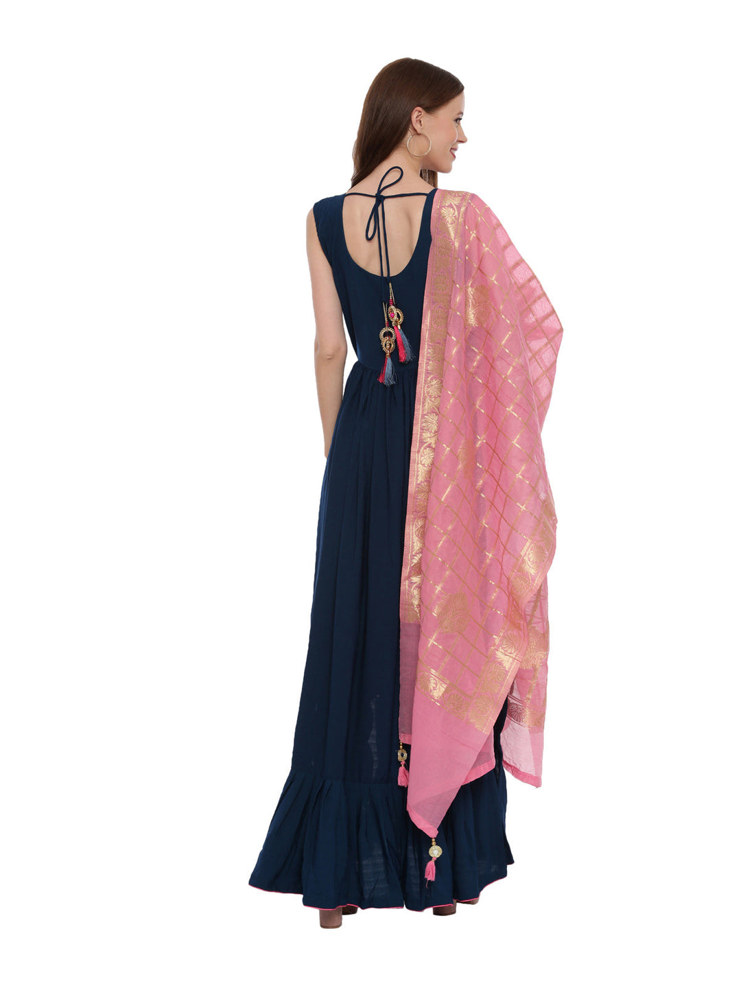 Neerus Blue silk straight gown suit pant - detail view 1