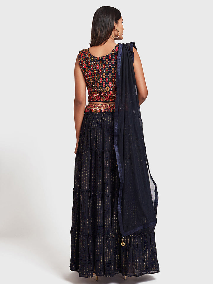 Neerus Blue Georgette Embroidered Lehenga Set - back view