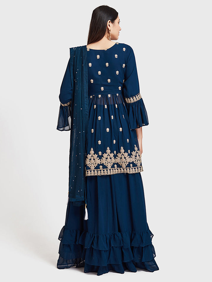 Neerus Blue Georgette Printed Anarkali Suit Set - back view