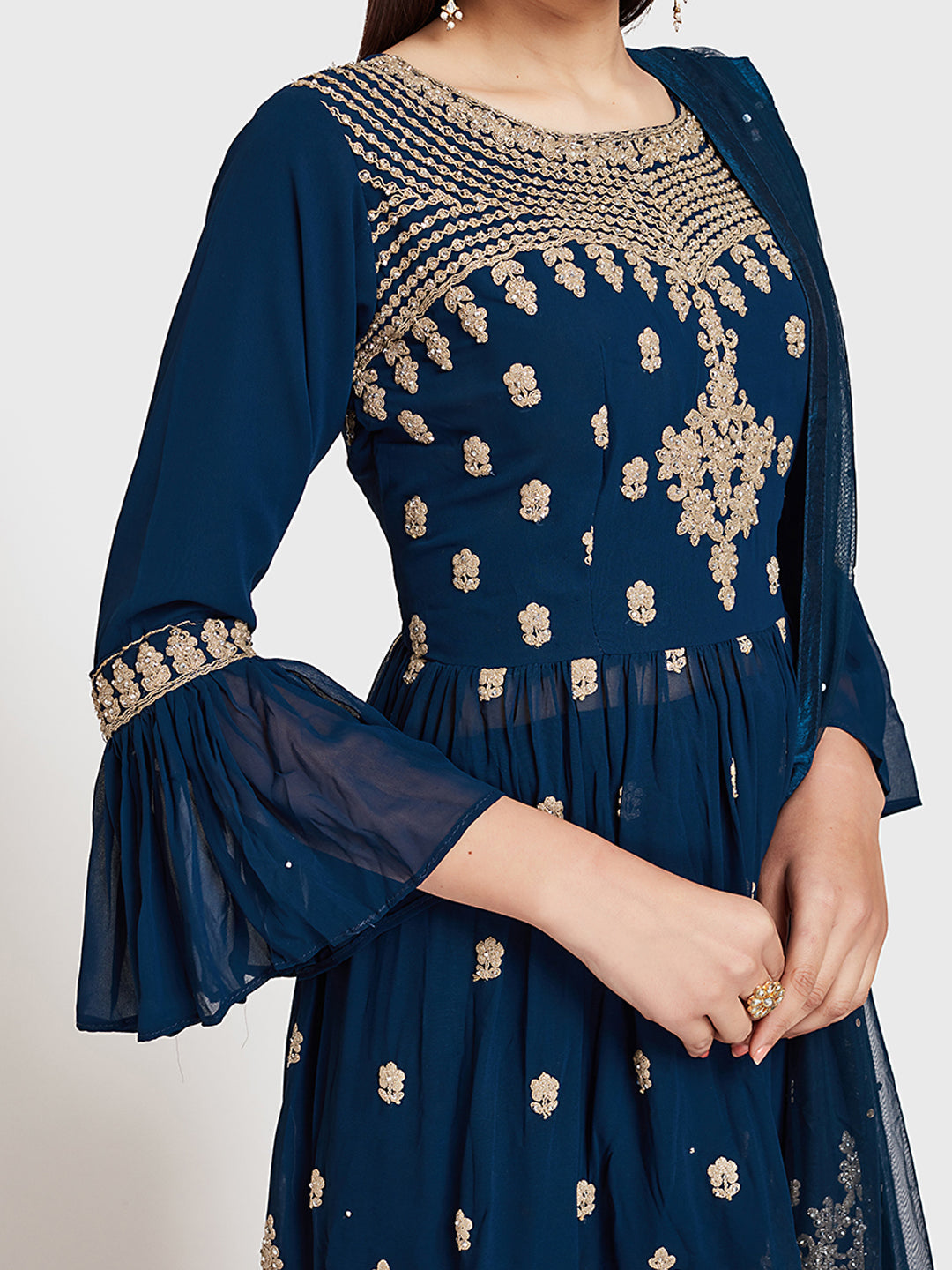 Neerus Blue Georgette Printed Anarkali Suit Set - side view
