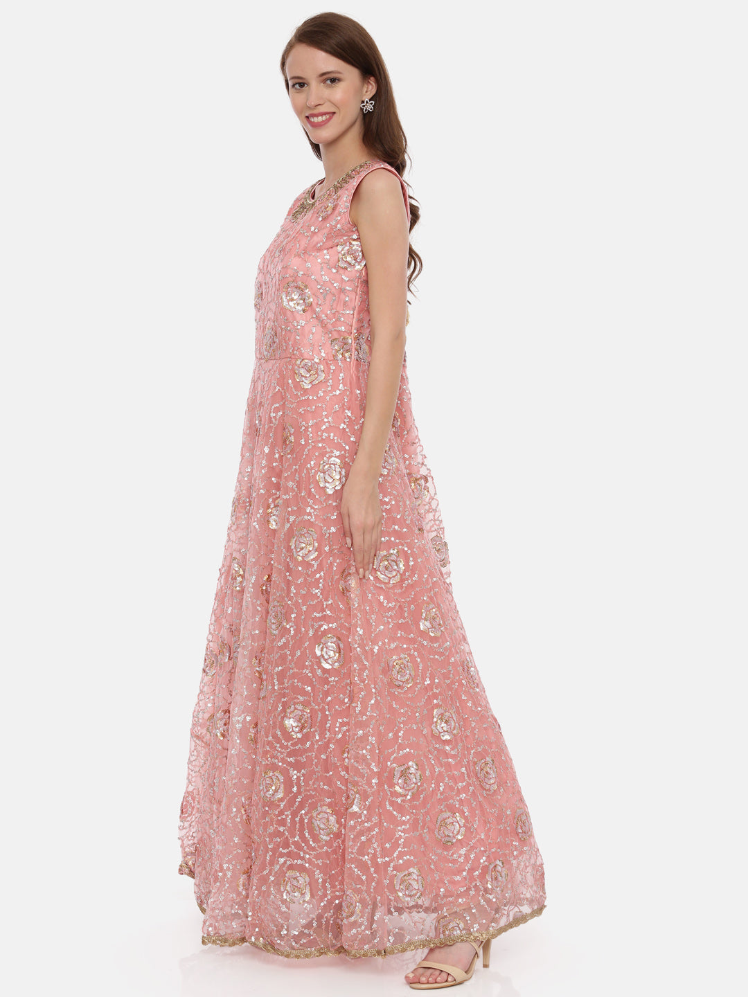 Neerus Orange embellished anarkali kurta set - detail view 2