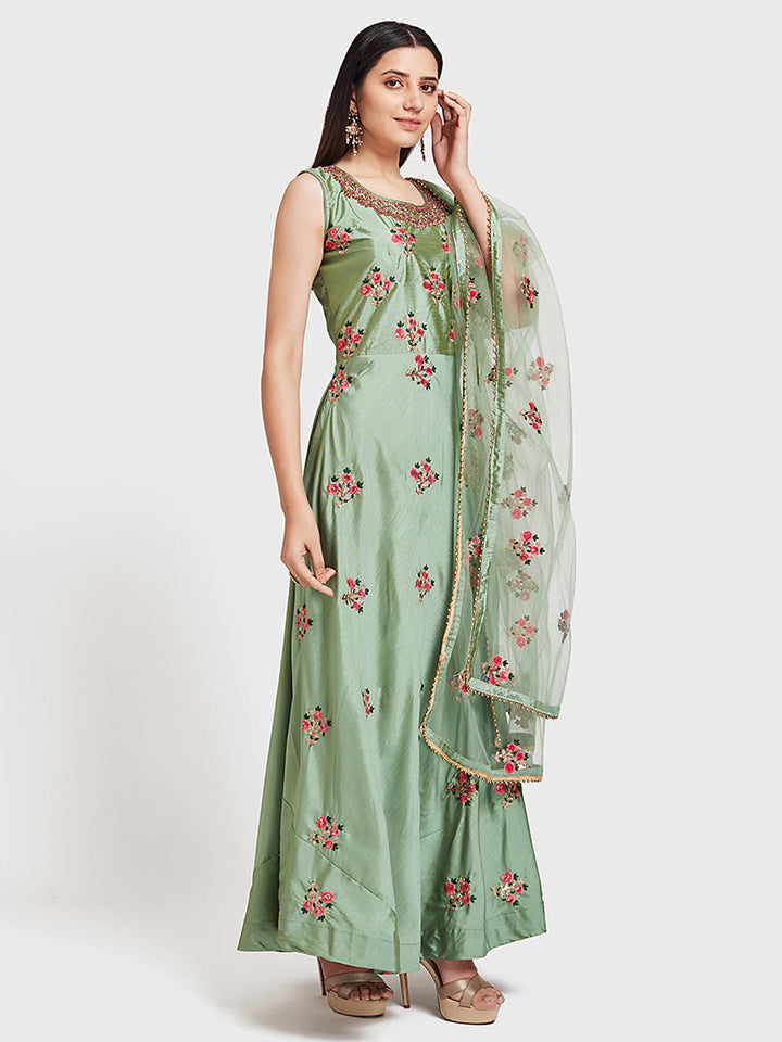 Neerus Green embellished anarkali kurta set - front view