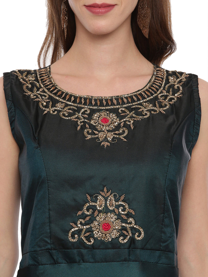 Neerus Green silk embroidered Anarkali suit set - back view