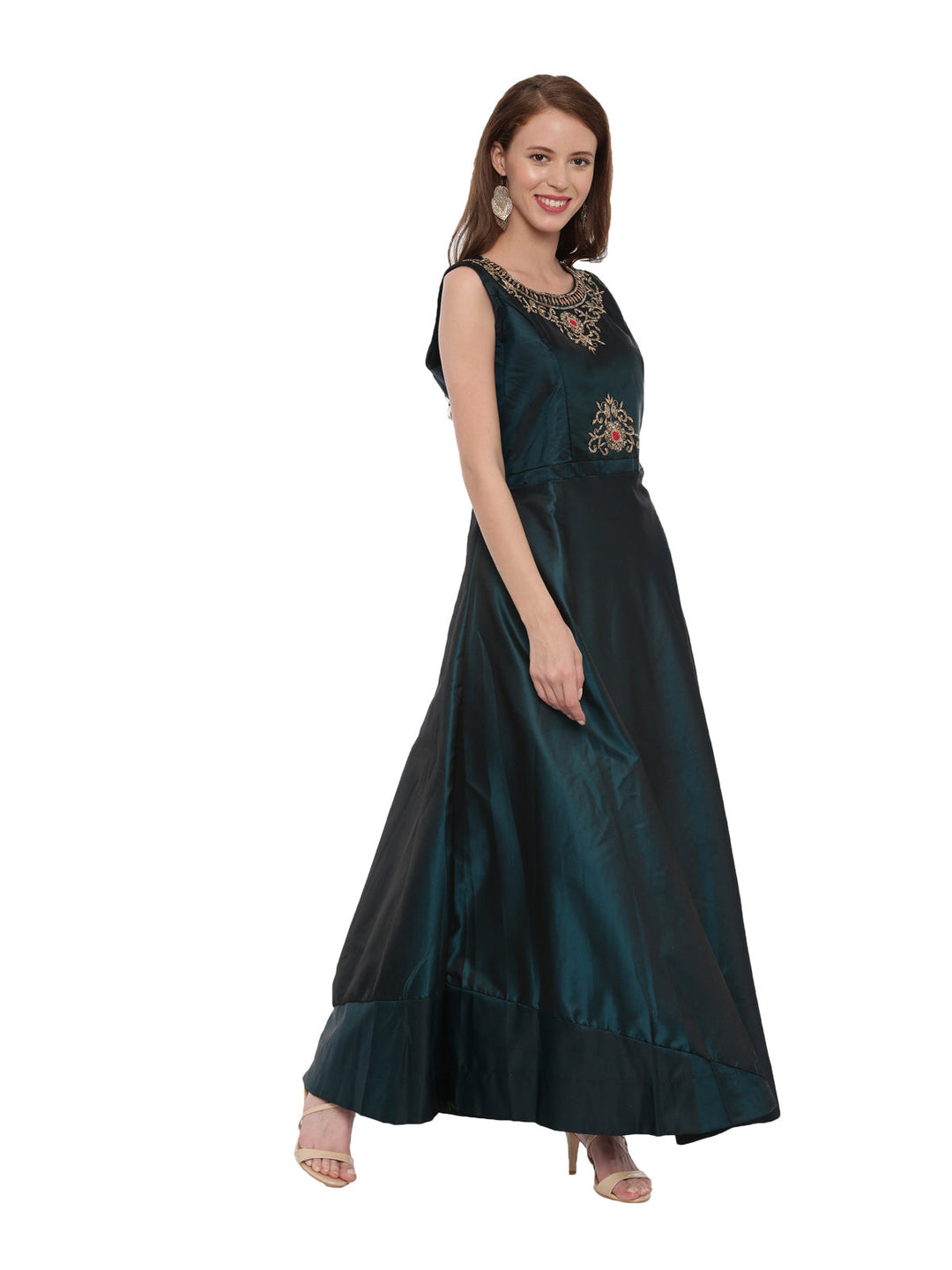 Neerus Green silk embroidered Anarkali suit set - front view