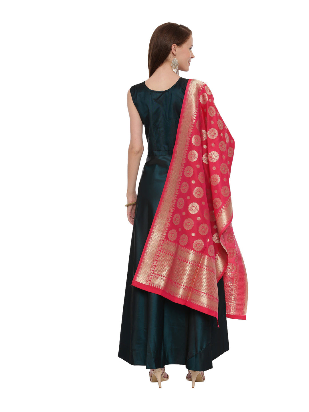 Neerus Green silk embroidered Anarkali suit set - side view