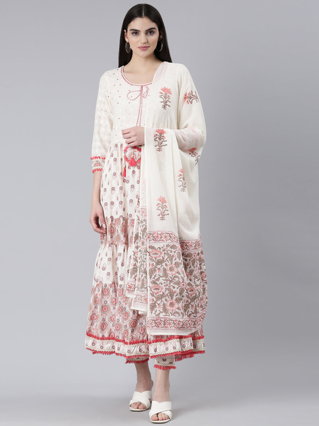 Neerus Orange cotton printed kurta set with trouser and dupatta - front view