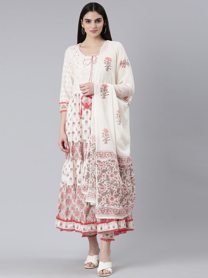 Neerus Orange cotton printed kurta set with trouser and dupatta - front view
