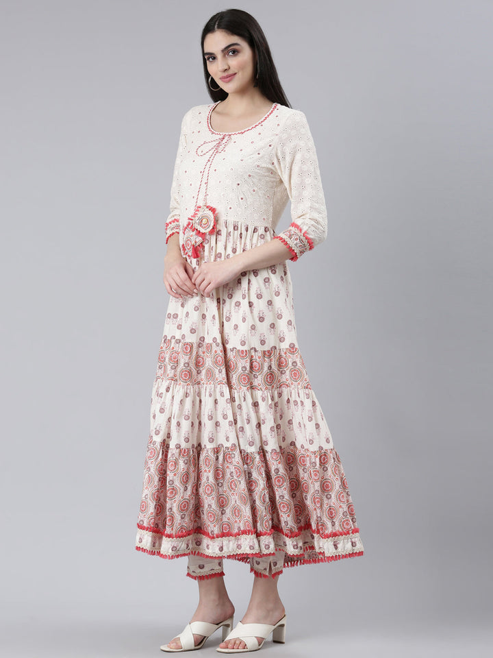 Neerus Orange cotton printed kurta set with trouser and dupatta - back view