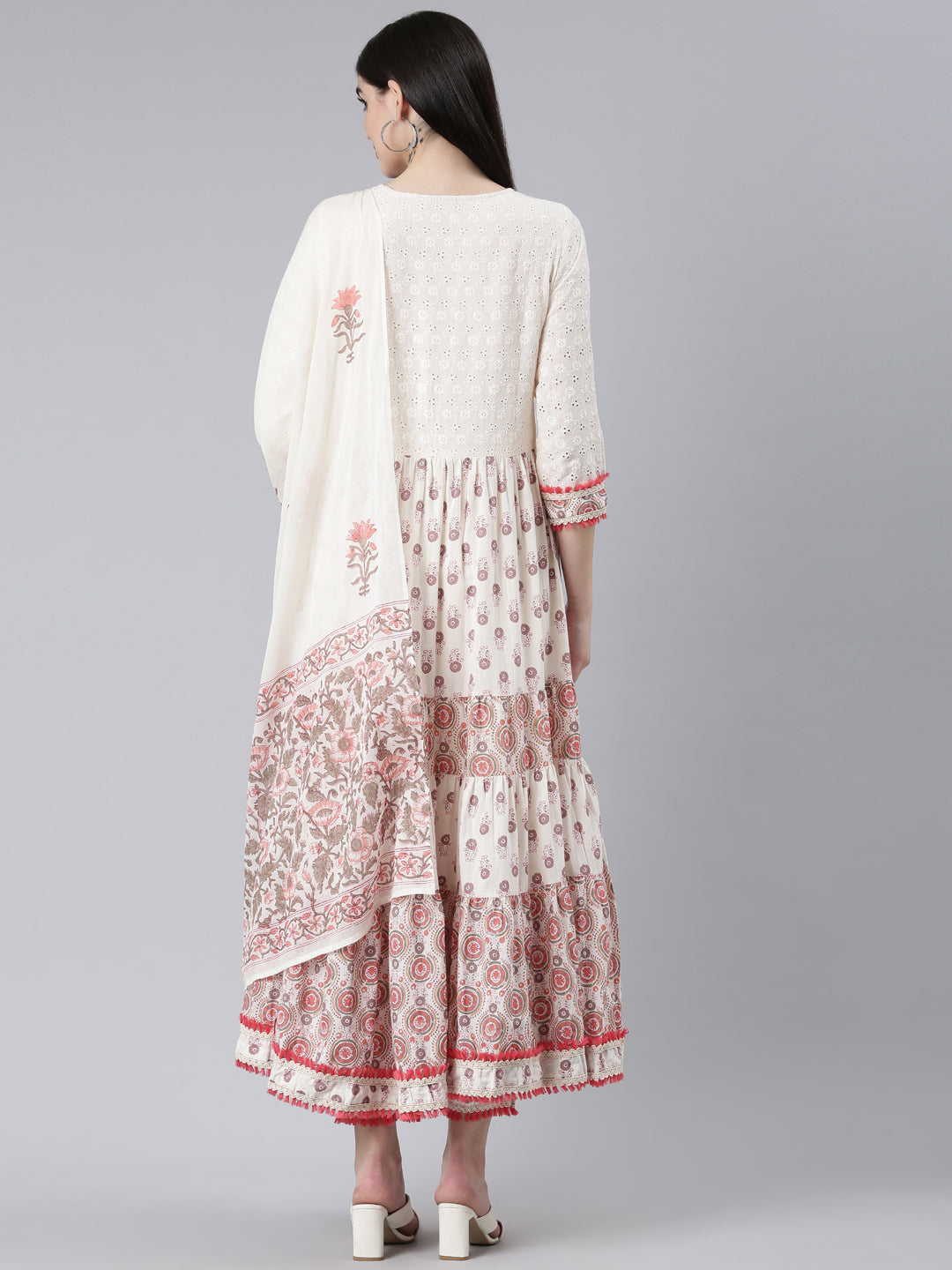 Neerus Orange cotton printed kurta set with trouser and dupatta - side view