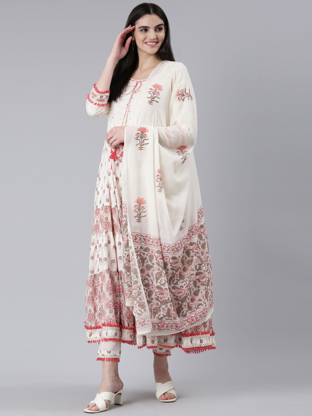 Neerus Orange cotton printed kurta set with trouser and dupatta - detail view 2