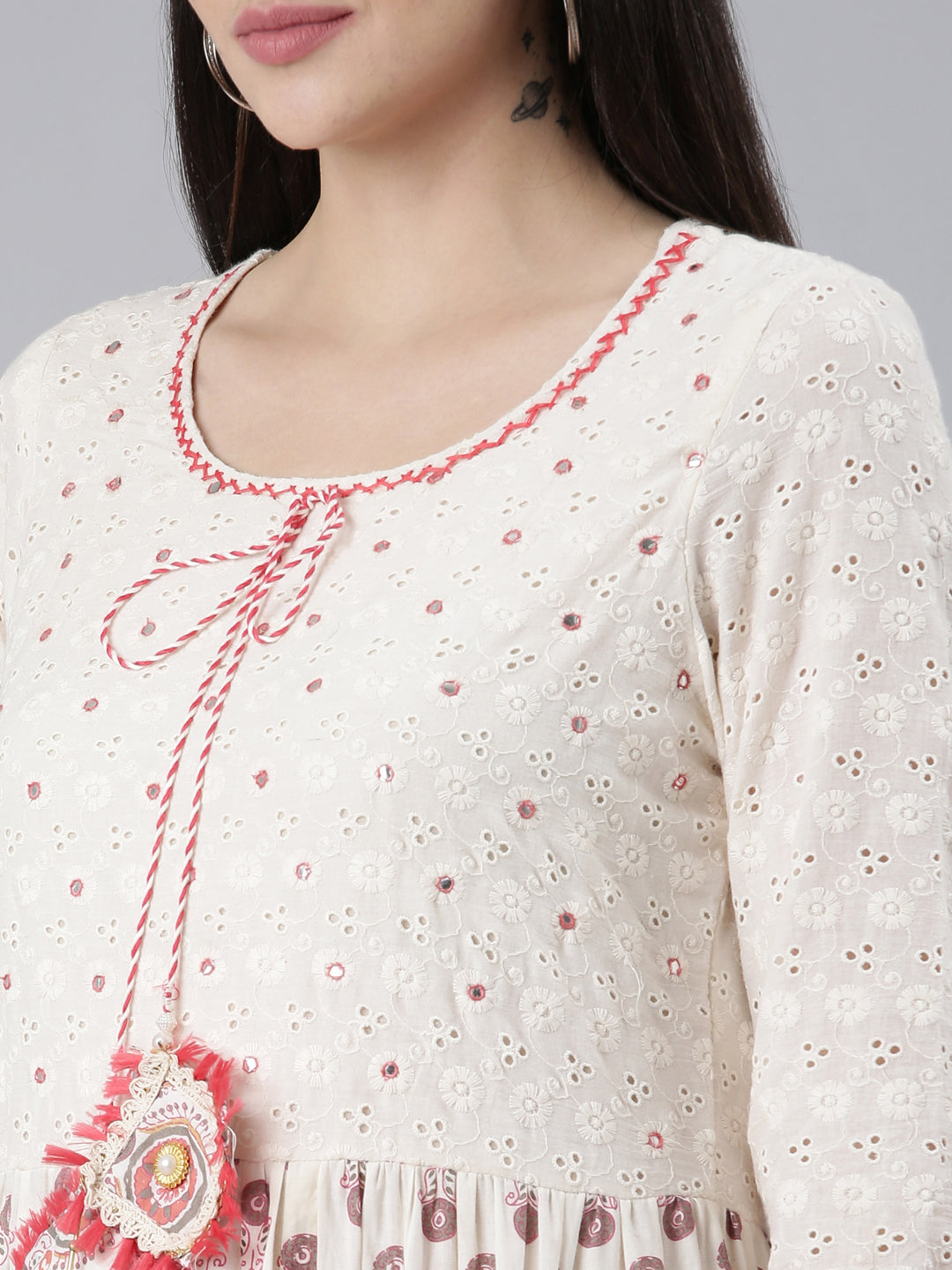 Neerus Orange cotton printed kurta set with trouser and dupatta - detail view 1