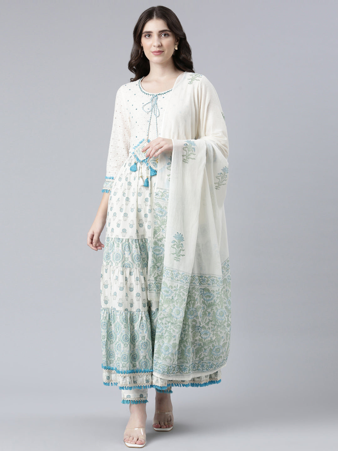 Neerus Green cotton printed kurta set - front view