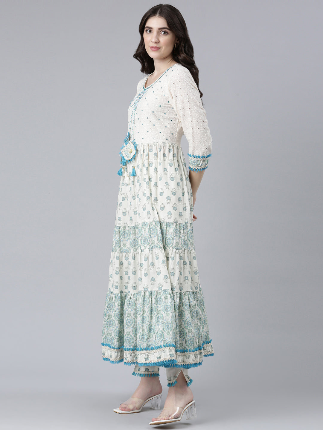 Neerus Green cotton printed kurta set - back view