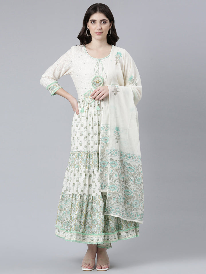 Neerus Green cotton printed kurta set with trouser and dupatta - front view
