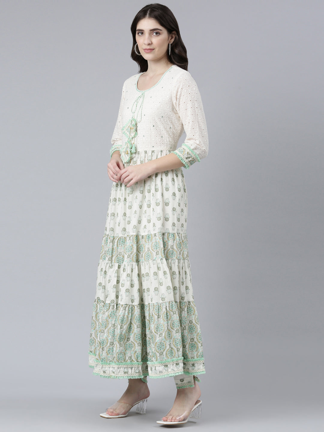 Neerus Green cotton printed kurta set with trouser and dupatta - back view