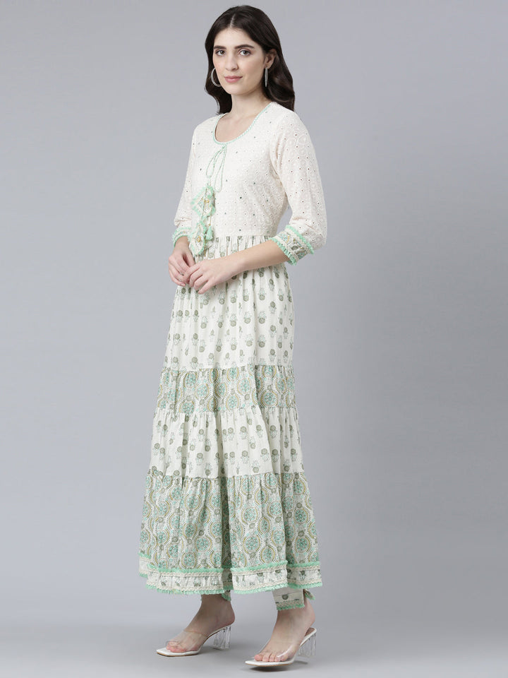 Neerus Green cotton printed kurta set with trouser and dupatta - back view
