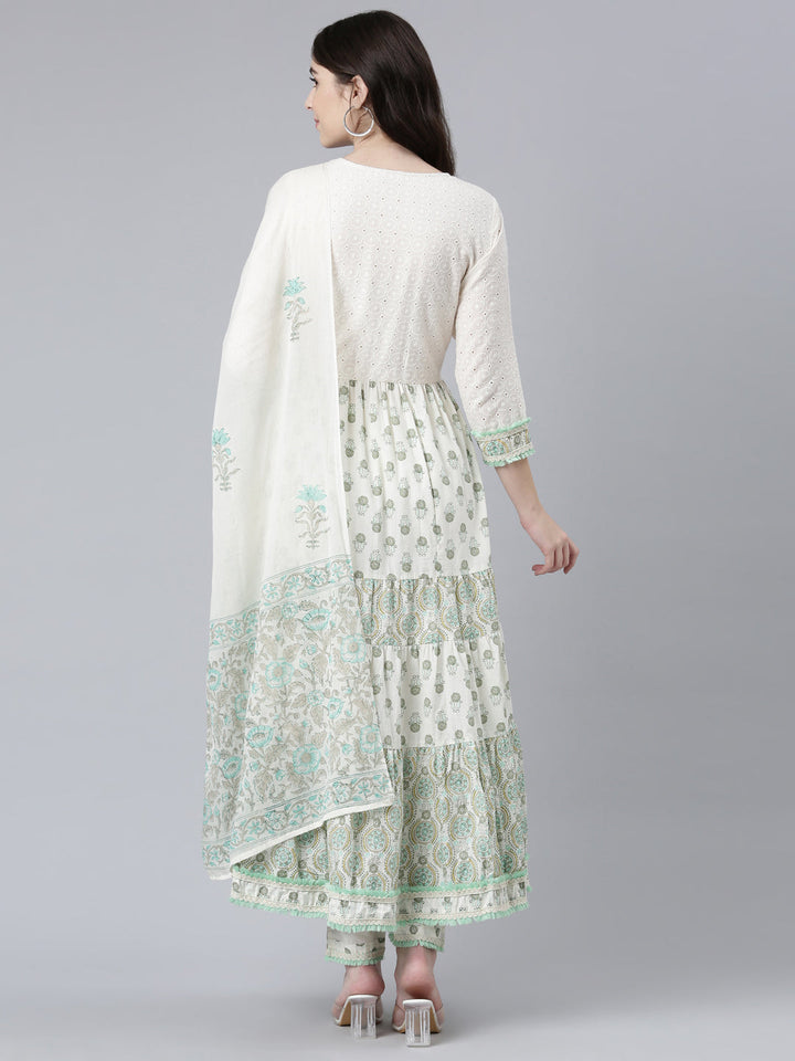 Neerus Green cotton printed kurta set with trouser and dupatta - side view