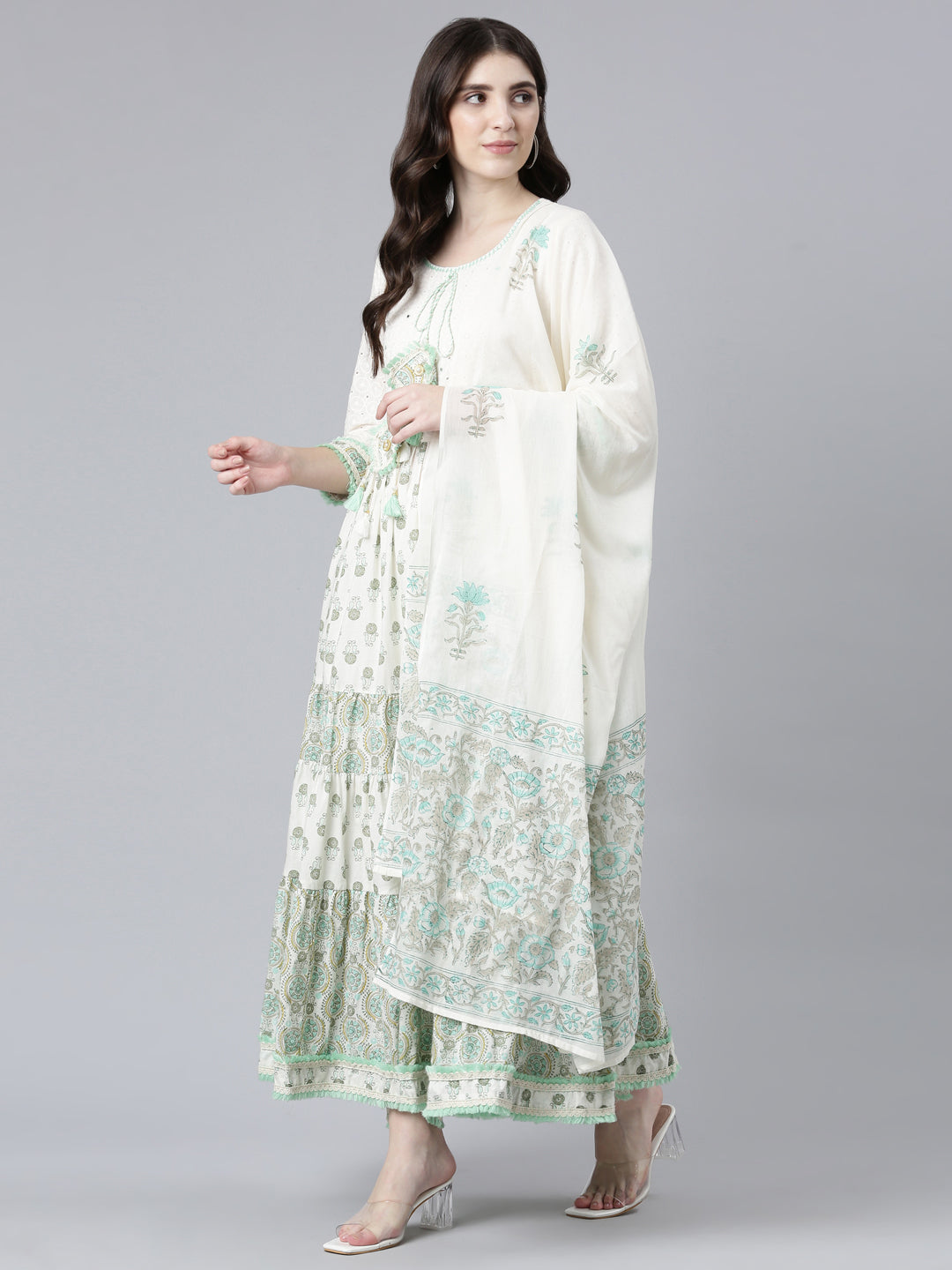 Neerus Green cotton printed kurta set with trouser and dupatta - detail view 2